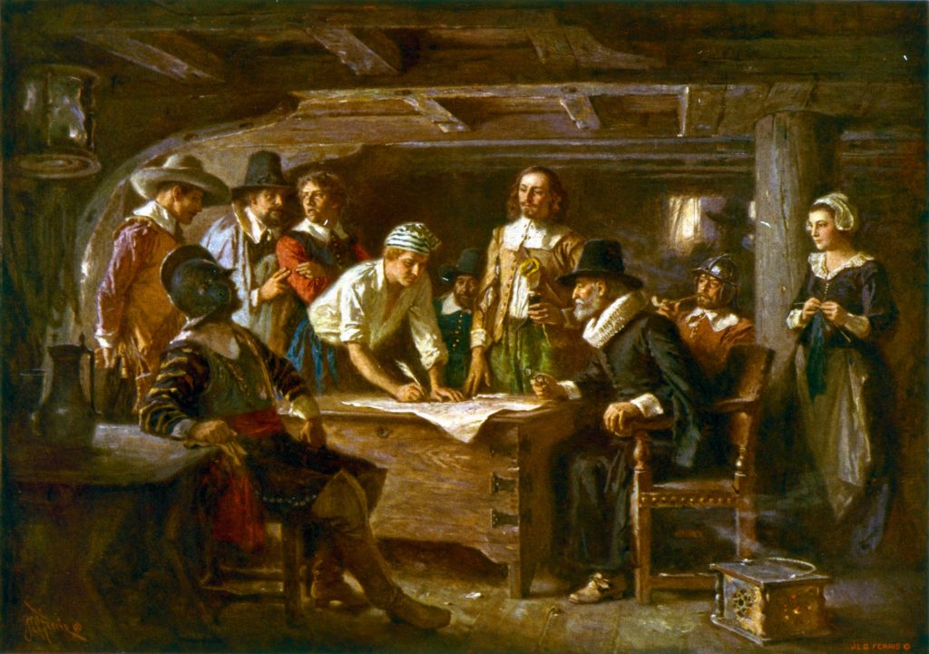 Signing of the Mayflower Compact, Jean Leon Gerome Ferris, Public domain, via Wikimedia Commons